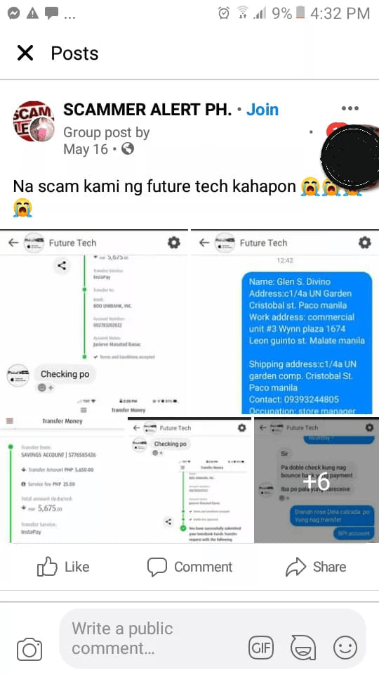 Facebook Post. “Na scam kami ng future tech kahapon 😭😭😭😭”