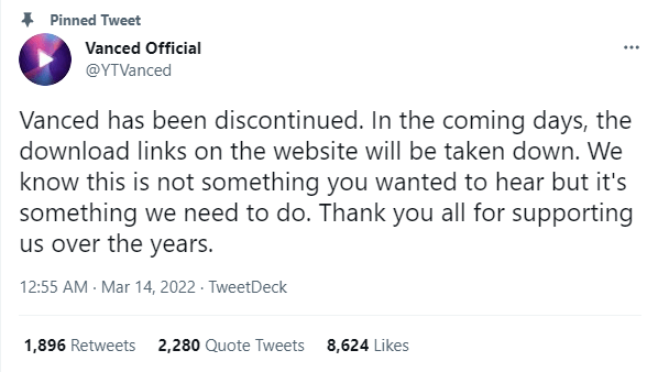 Tweet Screengrab from @YTVanced Twitter account