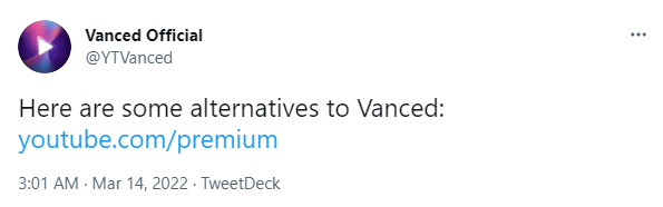 Tweet Screengrab from @YTVanced