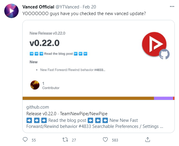 Tweet Screengrab from @YTVanced