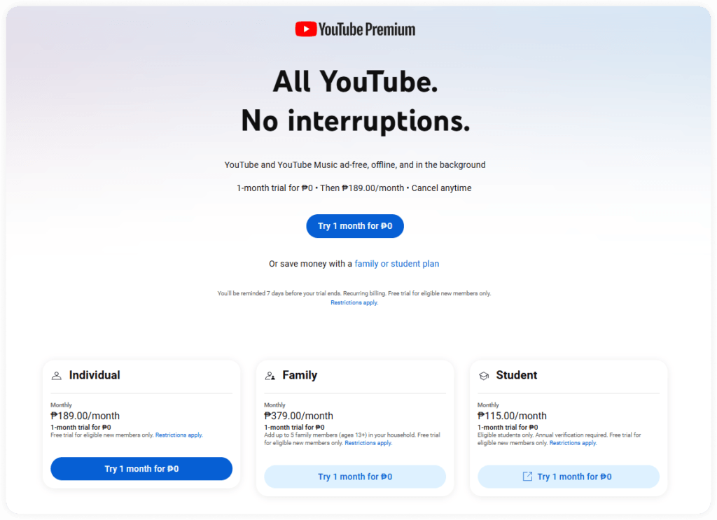 YouTube Premium Landing Page