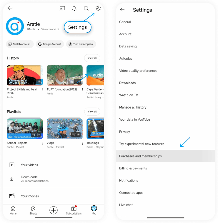 Purchases and Memberships options on the Youtube app